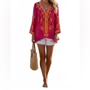BOSTON PROPER Women's Beaded Resort Embroidered Sheer Tunic Top Sz Large